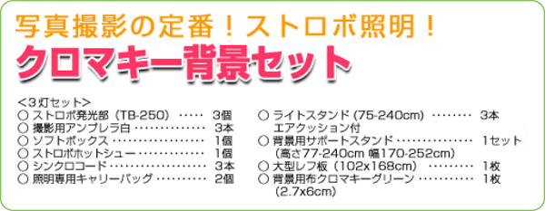 クロマキー/デジタル250Wストロボ 3灯セット内容