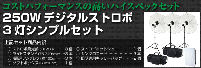 ハイスペックス250Wデジタルストロボ 3灯シンプルセット内容