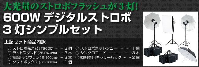 ハイスペック600Wデジタルストロボ 3灯シンプルセット内容