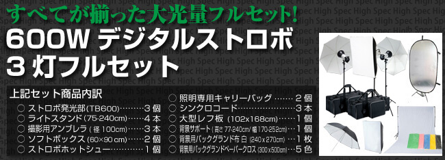 ハイスペック600Wデジタルストロボ3灯フルセット内容